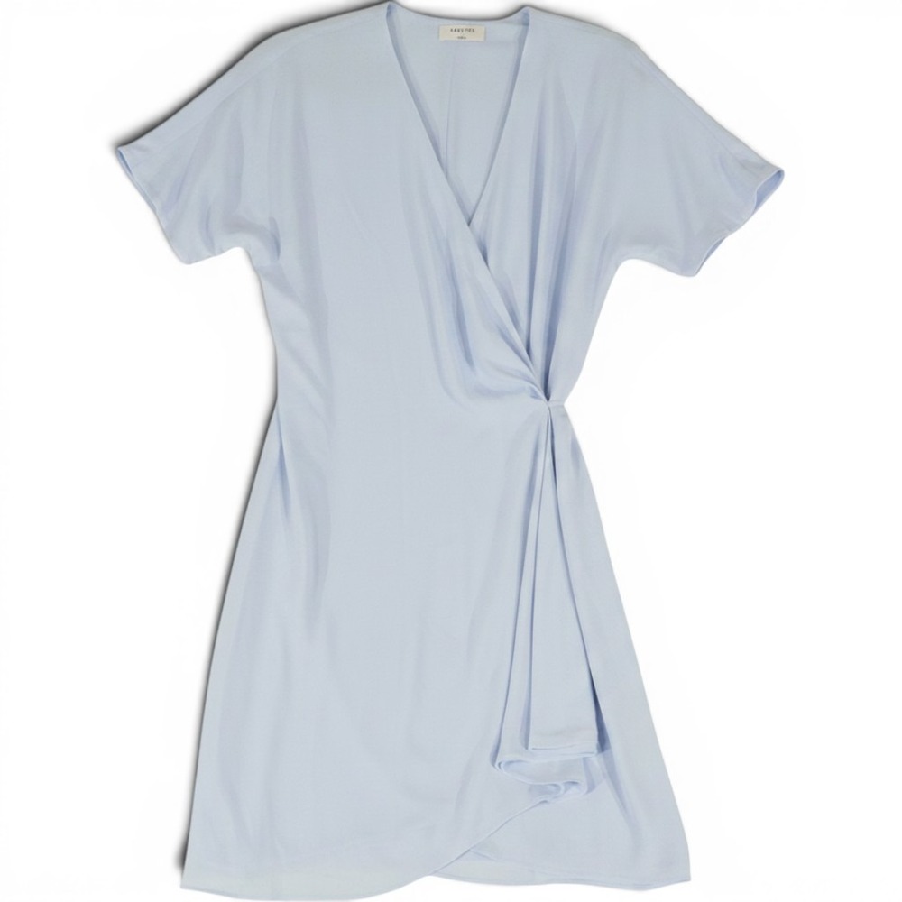 Babaton Wrap Mini Dress Womens M Baby Blue Short Sleeve Draped Casual Balletcore